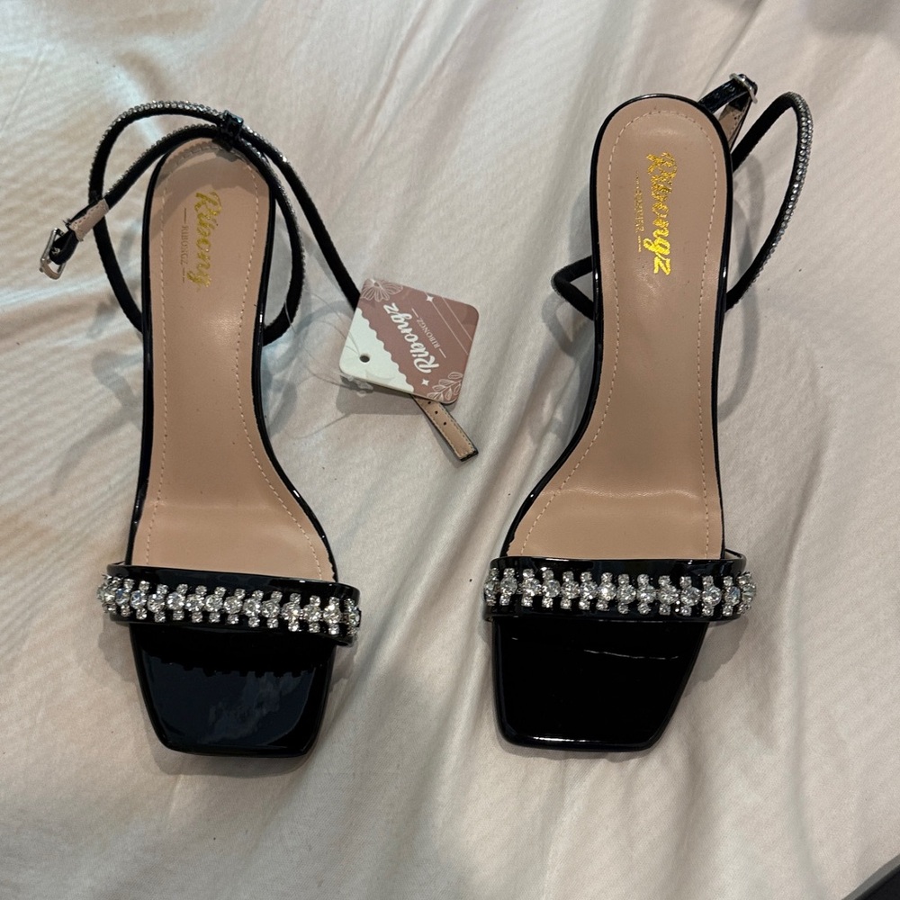 Black Crystal Strap High-Heel Sandals